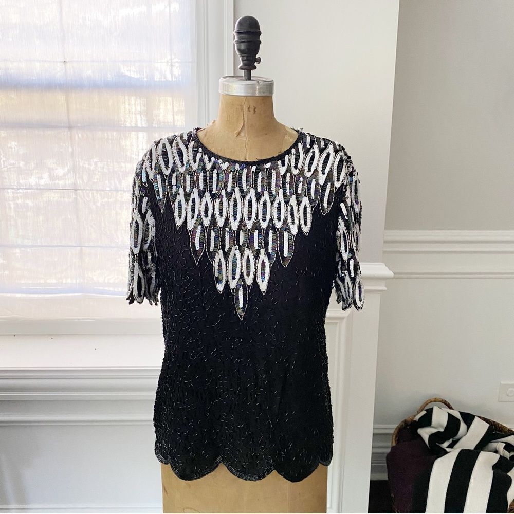 Vintage Beaded and Sequins short‎ Sleeve Blouse Black Size Medium